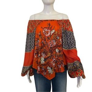 Free People Positano Printed Orange Blouse Size XS Bohemian Top